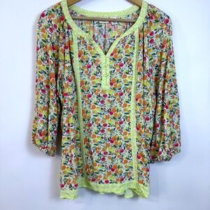 Westbound‎ Printed Fruit Top 2X Peasant Boho Whimsical 3/4 Sleeves Lightweight